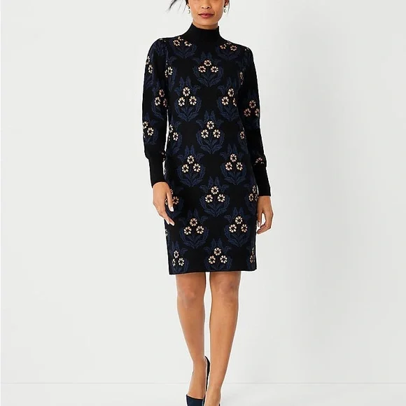 ann taylor black floral dress Ann Taylor LOFT Navy Floral Embroidered Long Sleeve Dress – SilkRoll main image 0
